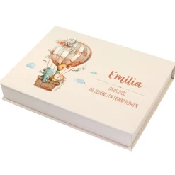 Personalisierte Erinnerungsbox als Geschenk zur Geburt mit Heißluftballon & Tier Motiv | Fotobox