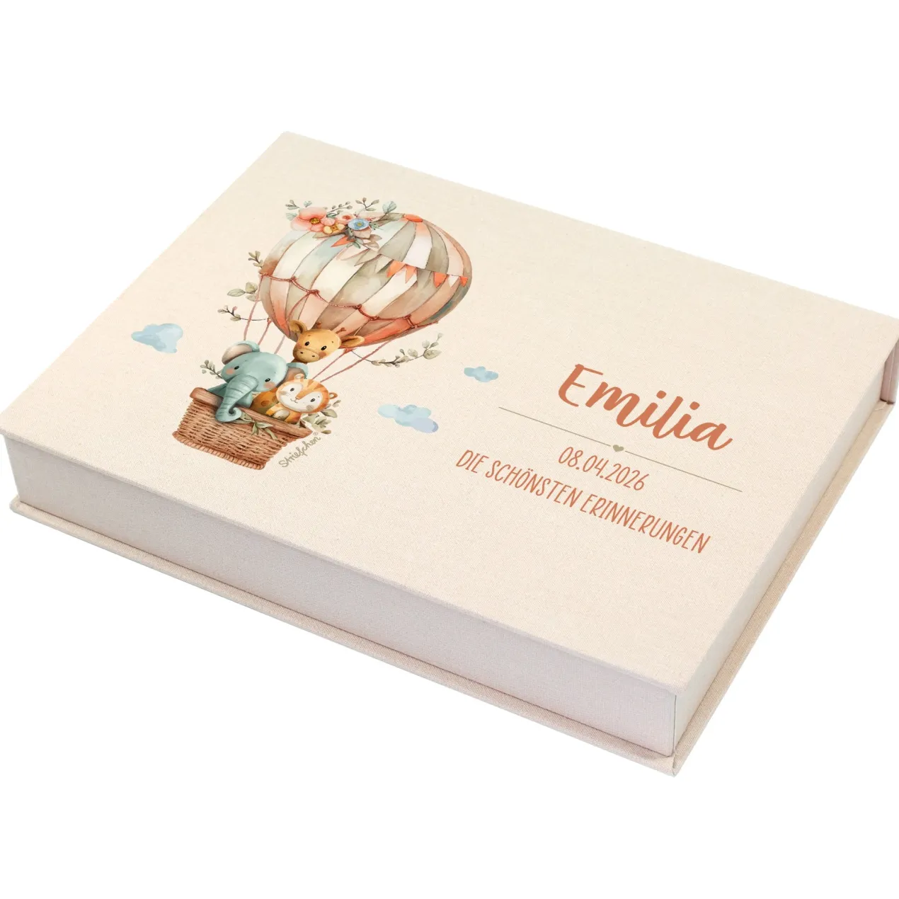 Personalisierte Erinnerungsbox als Geschenk zur Geburt mit Heißluftballon & Tier Motiv | Fotobox
