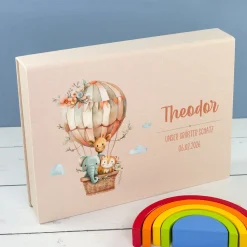 Personalisierte Erinnerungsbox als Geschenk zur Geburt mit Heißluftballon & Tier Motiv | Fotobox