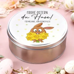 Personalisierte Gebäckdose zu Ostern aus Metall mit Wunschtext | Keksdose & Geschenkbox mit Hasenmotiv
