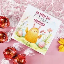 Personalisierte Geschenkbox mit 4 Lindor Kugeln zu Ostern | Ostergeschenk mit Küken Motiv