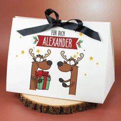 Personalisierte Geschenktasche mit Rentiermotiv & Schleife | Edle Geschenkverpackung zu Weihnachten