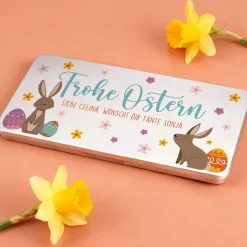 Personalisierte Gutscheinbox aus Metall zu Ostern mit Wunschtext | Geldgeschenk mit Osterhasen
