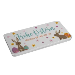 Personalisierte Gutscheinbox aus Metall zu Ostern mit Wunschtext | Geldgeschenk mit Osterhasen