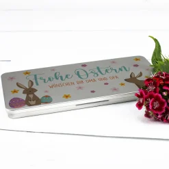 Personalisierte Gutscheinbox aus Metall zu Ostern mit Wunschtext | Geldgeschenk mit Osterhasen