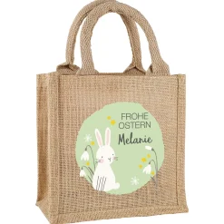 Personalisierte Jute-Ostertüte mit Namen | Osterhase und Blumen Motiv
