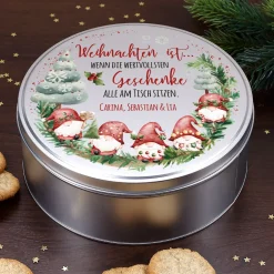 Personalisierte Keksdose mit Wunschtext und Wichtel-Motiv aus Metall für Weihnachtsgebäck