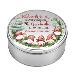 Personalisierte Keksdose mit Wunschtext und Wichtel-Motiv aus Metall für Weihnachtsgebäck