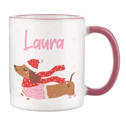 Personalisierte Keramiktasse mit Dackel-Motiv & Name in Rosa | Geschenk für Weihnachten & Winterzeit
