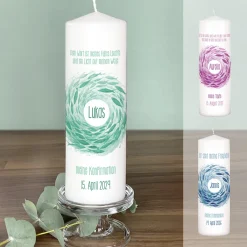 Personalisierte Kerze für Konfirmation, Kommunion & Taufe | Motiv Fischschwarm mit Wunschtext