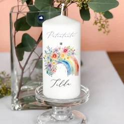 Personalisierte Kerze zur Konfirmation, Kommunion, Taufe, Jugendweihe | Blumen-Regenbogen Motiv