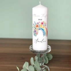 Personalisierte Kerze zur Konfirmation, Kommunion, Taufe, Jugendweihe | Blumen-Regenbogen Motiv
