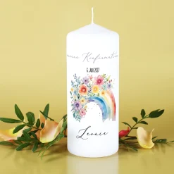 Personalisierte Kerze zur Konfirmation, Kommunion, Taufe, Jugendweihe | Blumen-Regenbogen Motiv