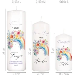 Personalisierte Kerze zur Konfirmation, Kommunion, Taufe, Jugendweihe | Blumen-Regenbogen Motiv