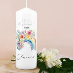 Personalisierte Kerze zur Konfirmation, Kommunion, Taufe, Jugendweihe | Blumen-Regenbogen Motiv