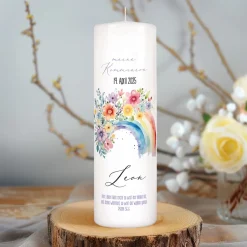 Personalisierte Kerze zur Konfirmation, Kommunion, Taufe, Jugendweihe | Blumen-Regenbogen Motiv