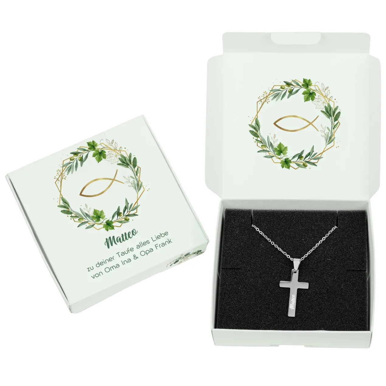 Personalisierte Kreuzkette mit Geschenkbox zur Taufe, Kommunion, Konfirmation oder Firmung | Ichthys