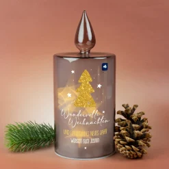 Personalisierte LED Glaskerze von Leonardo 'Wundervolle Weihnachten' mit Wunschtext und Timerfunktion