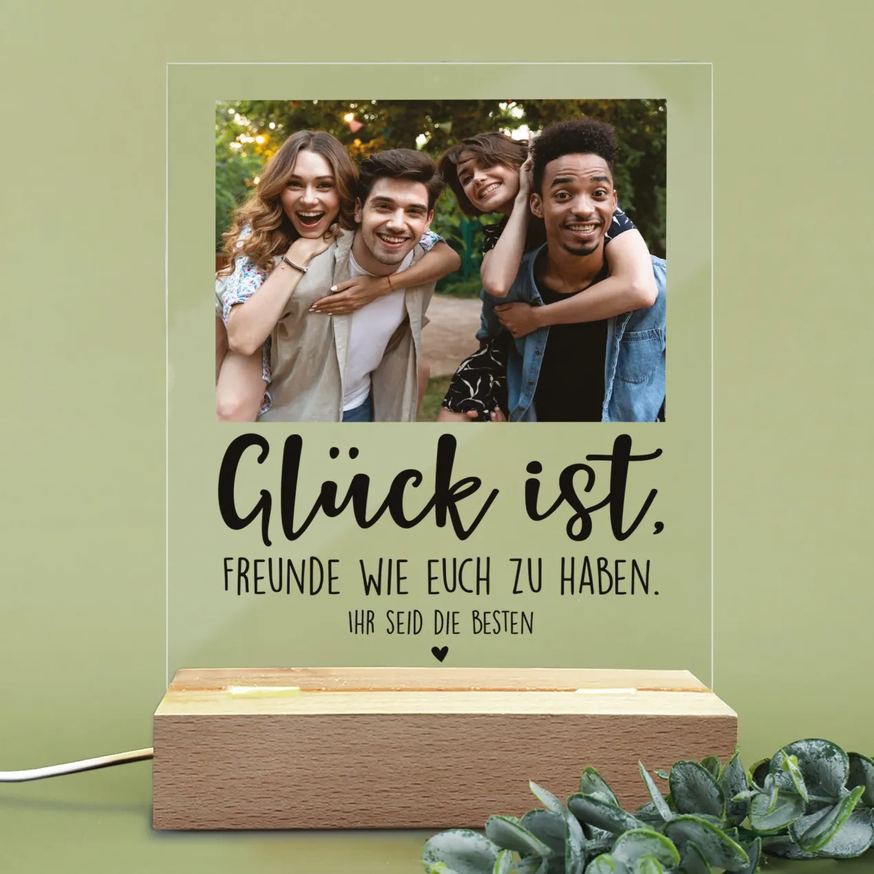 Personalisierte LED-Lampe mit Foto & Wunschtext | Glück ist