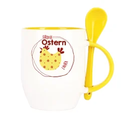 Personalisierte Löffeltasse 'Frohe Ostern' mit Name & gelbem Löffel | Osterbecher 300 ml mit Huhn