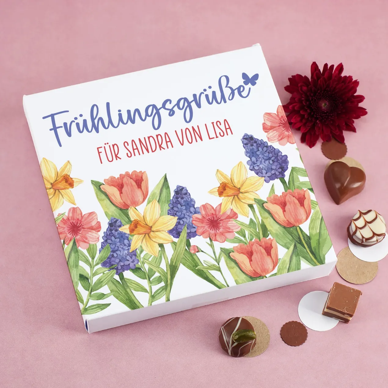 Personalisierte Lindt Pralinenbox 'Frühlingsgrüße' mit Wunschtext | 100 g Mini Pralinés als Geschenk