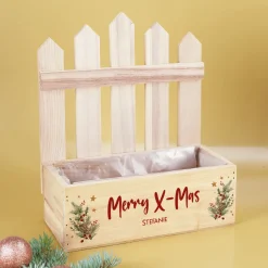 Personalisierte Pflanzkiste mit Zaun & Winterbouquet-Motiv zu Weihnachten | Geschenkkorb mit Wunschtext