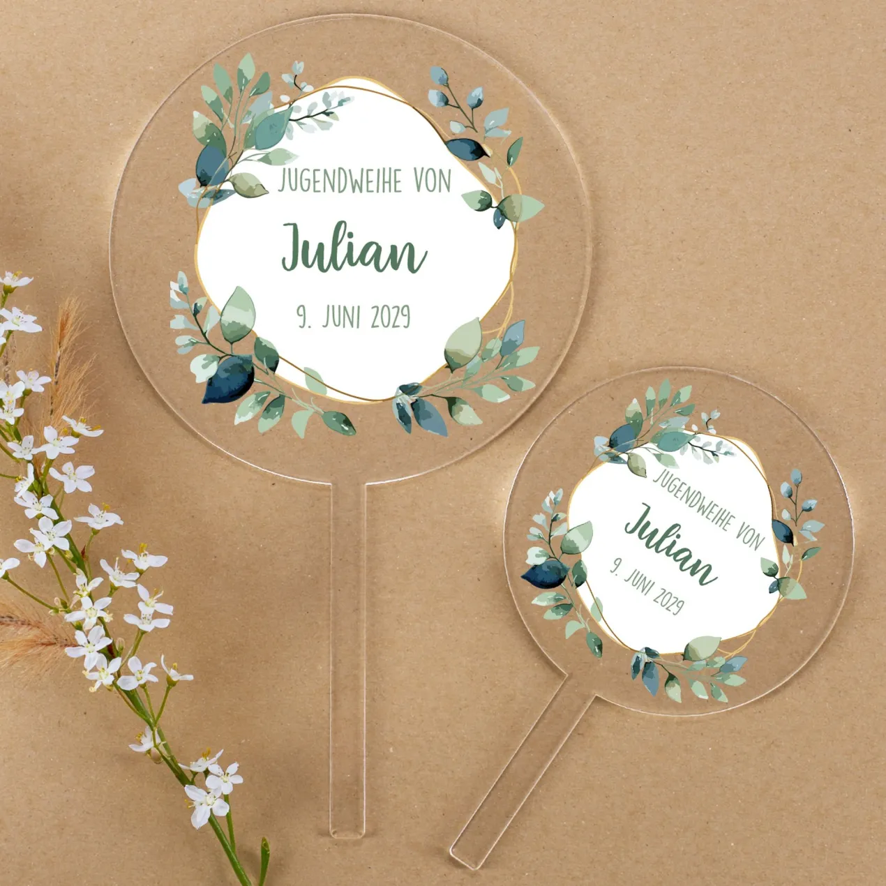 Personalisierter Acryl Tortentopper mit Anlass, Name & Datum für Jugendweihe & andere festliche Anlässe