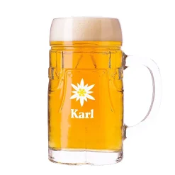 Personalisierter Bierkrug im Lederhosen Design mit Edelweiß Motiv | Bierglas mit Name 0,5l