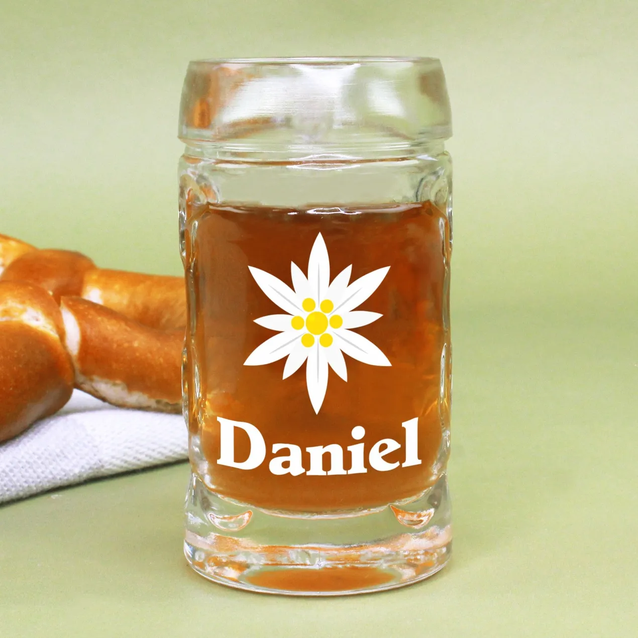 Personalisierter Bierseidel mit Name und Edelweiß Motiv | Maßkrug 1l, Bierkrug 500ml & Schnapsglas