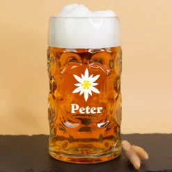 Personalisierter Bierseidel mit Name und Edelweiß Motiv | Maßkrug 1l, Bierkrug 500ml & Schnapsglas