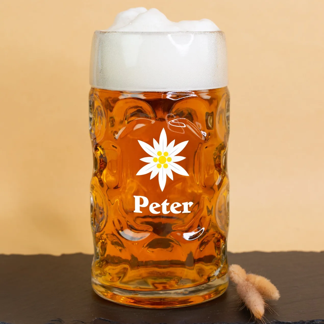 Personalisierter Bierseidel mit Name und Edelweiß Motiv | Maßkrug 1l, Bierkrug 500ml & Schnapsglas