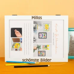 Personalisierter Bilderrahmen für Kinderbilder mit Aufbewahrungsfach | DIN A4 Holzrahmen weiß