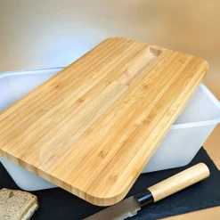 Personalisierter Brotkasten mit Messer, Bambus Schneidebrett & Wunschtext mit Bäcker-Motiv