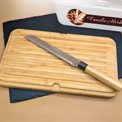 Personalisierter Brotkasten mit Messer, Bambus Schneidebrett & Wunschtext mit Bäcker-Motiv
