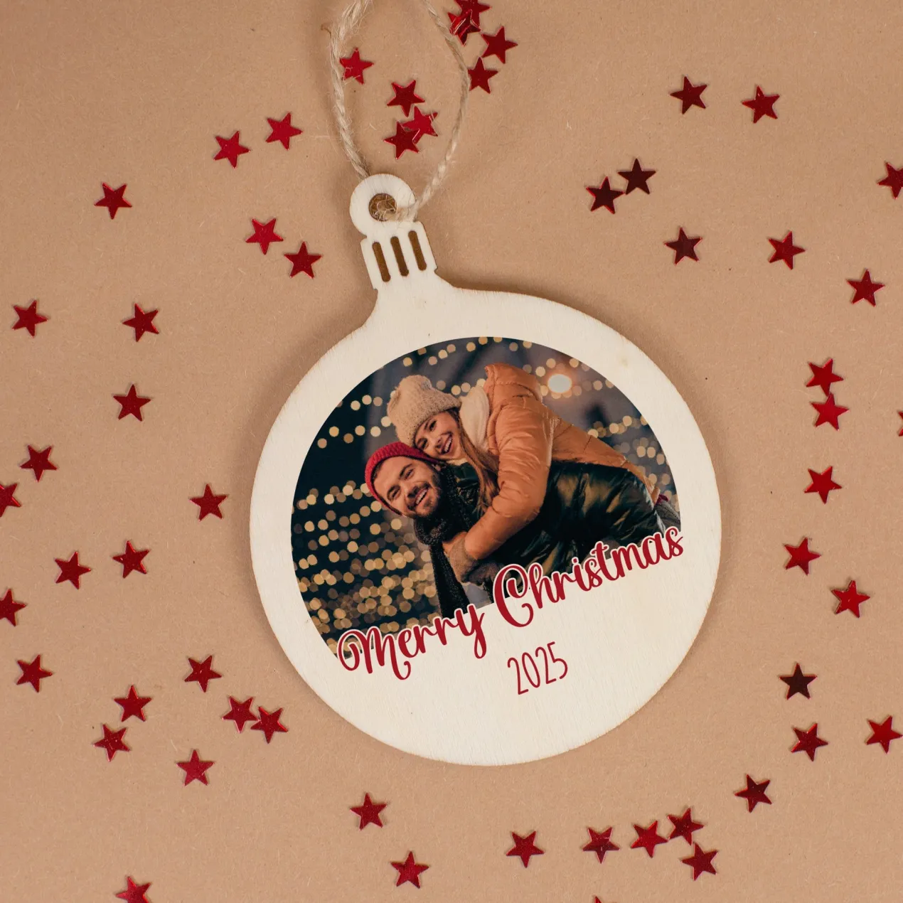 Personalisierter Christbaumanhänger mit Foto und Wunschtext | Weihnachtsanhänger aus Holz