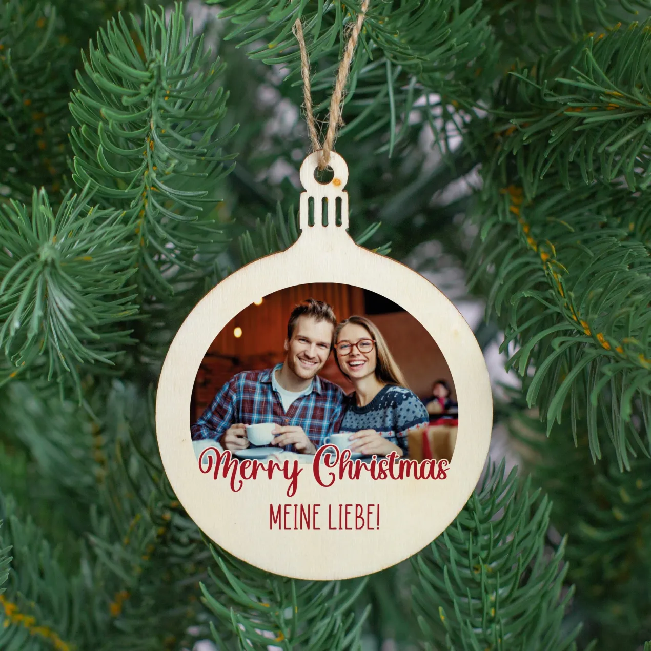 Personalisierter Christbaumanhänger mit Foto und Wunschtext | Weihnachtsanhänger aus Holz