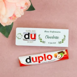 Personalisierter duplo Riegel als Gastgeschenk für Taufe Kommunion Konfirmation & Firmung | Blätterkranz