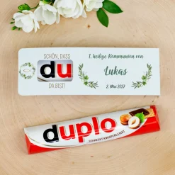 Personalisierter duplo Riegel als Gastgeschenk für Taufe Kommunion Konfirmation & Firmung | Blätterkranz