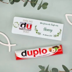 Personalisierter duplo Riegel als Gastgeschenk für Taufe Kommunion Konfirmation & Firmung | Blätterkranz