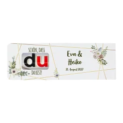 Personalisierter duplo Riegel als Gastgeschenk zur Hochzeit mit Namen & Datum | Schön, dass du da bist!