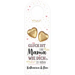 Personalisierter Flaschenanhänger mit Lindt Schokoherzen zum Muttertag | 2 Größen