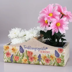 Personalisierter Geschenkkorb & Pflanzkiste 'Frühlingsgrüße' aus Holz mit Wunschtext | 3 Varianten