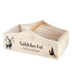 Personalisierter Geschenkkorb zu Weihnachten mit Hirschmotiv & Wunschtext | Pflanzkiste aus Holz