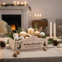 Personalisierter Geschenkkorb zu Weihnachten mit Hirschmotiv & Wunschtext | Pflanzkiste aus Holz