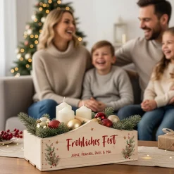 Personalisierter Geschenkkorb zu Weihnachten mit Wunschtext & Winterbouquet-Motiv | Holz-Pflanzkiste