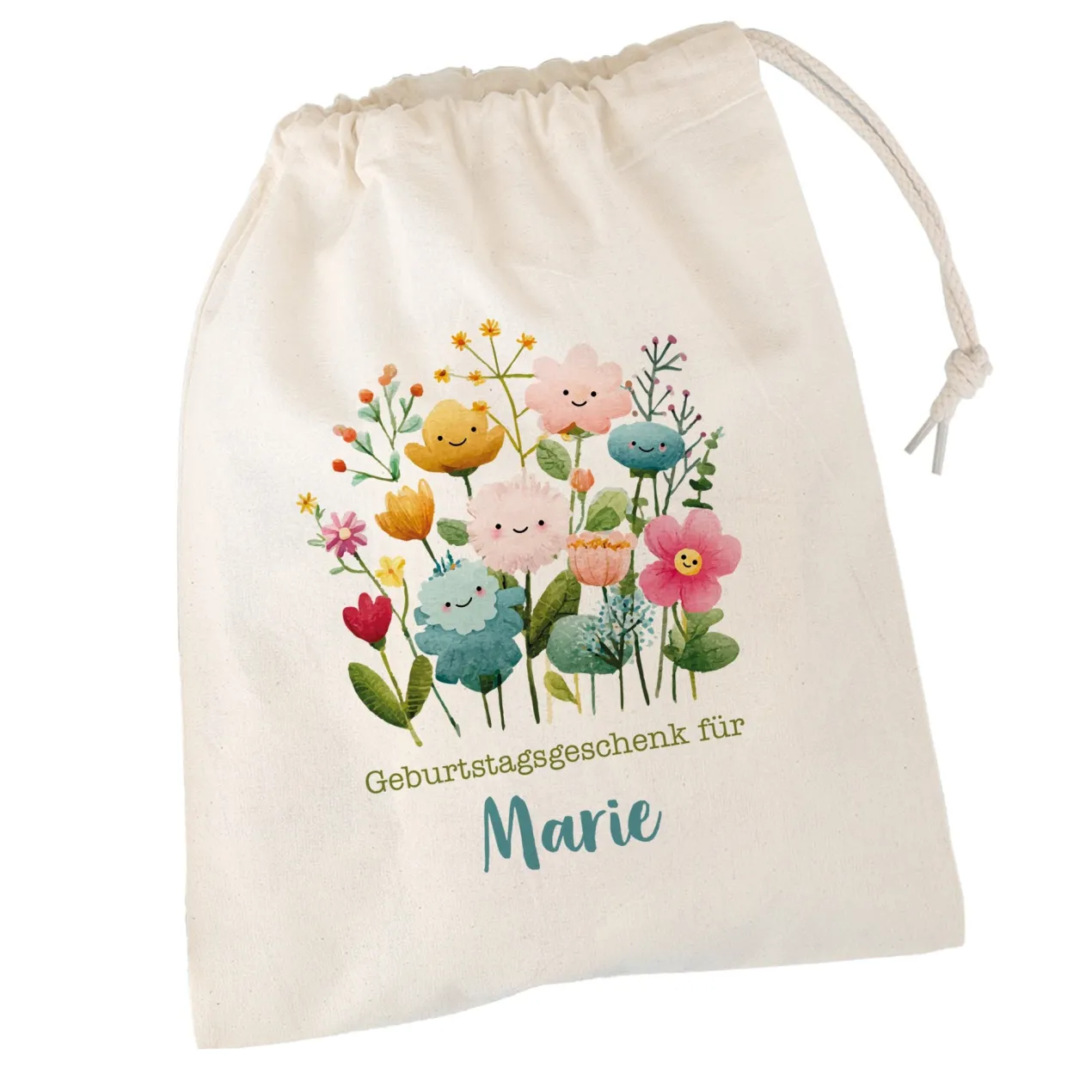 Personalisierter Geschenksack mit Blumen Motiv & Kordelzug | 100 % Baumwolle | 3 Größen