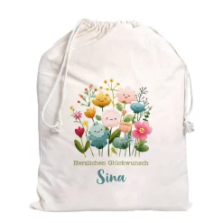 Personalisierter Geschenksack mit Blumen Motiv & Kordelzug | 100 % Baumwolle | 3 Größen