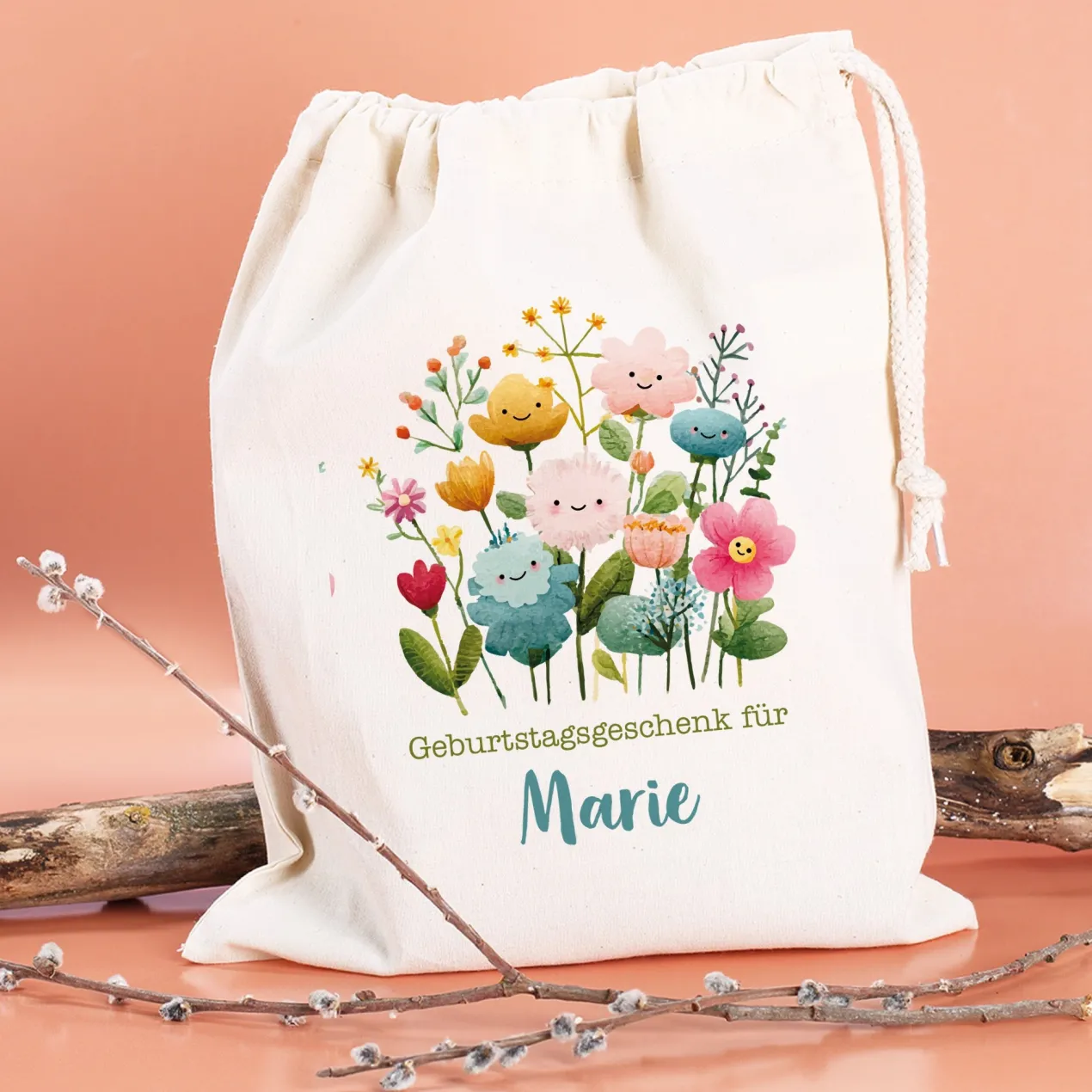 Personalisierter Geschenksack mit Blumen Motiv & Kordelzug | 100 % Baumwolle | 3 Größen