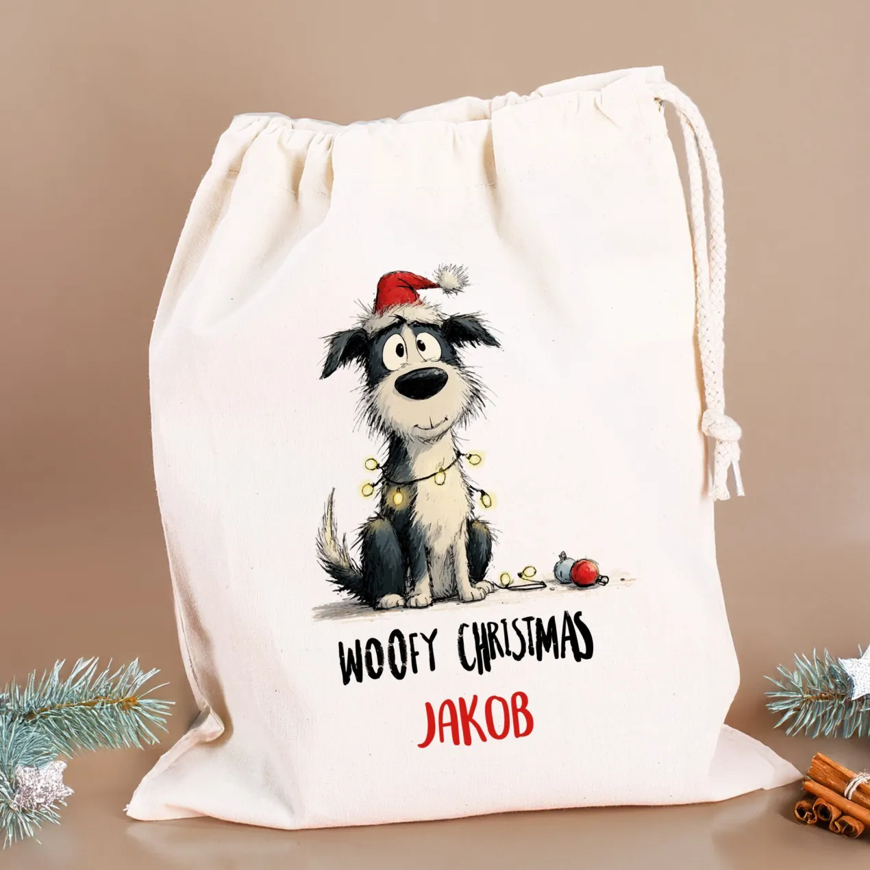 Personalisierter Geschenksack zu Weihnachten mit Name | 3 Größen | Hunde-Motiv