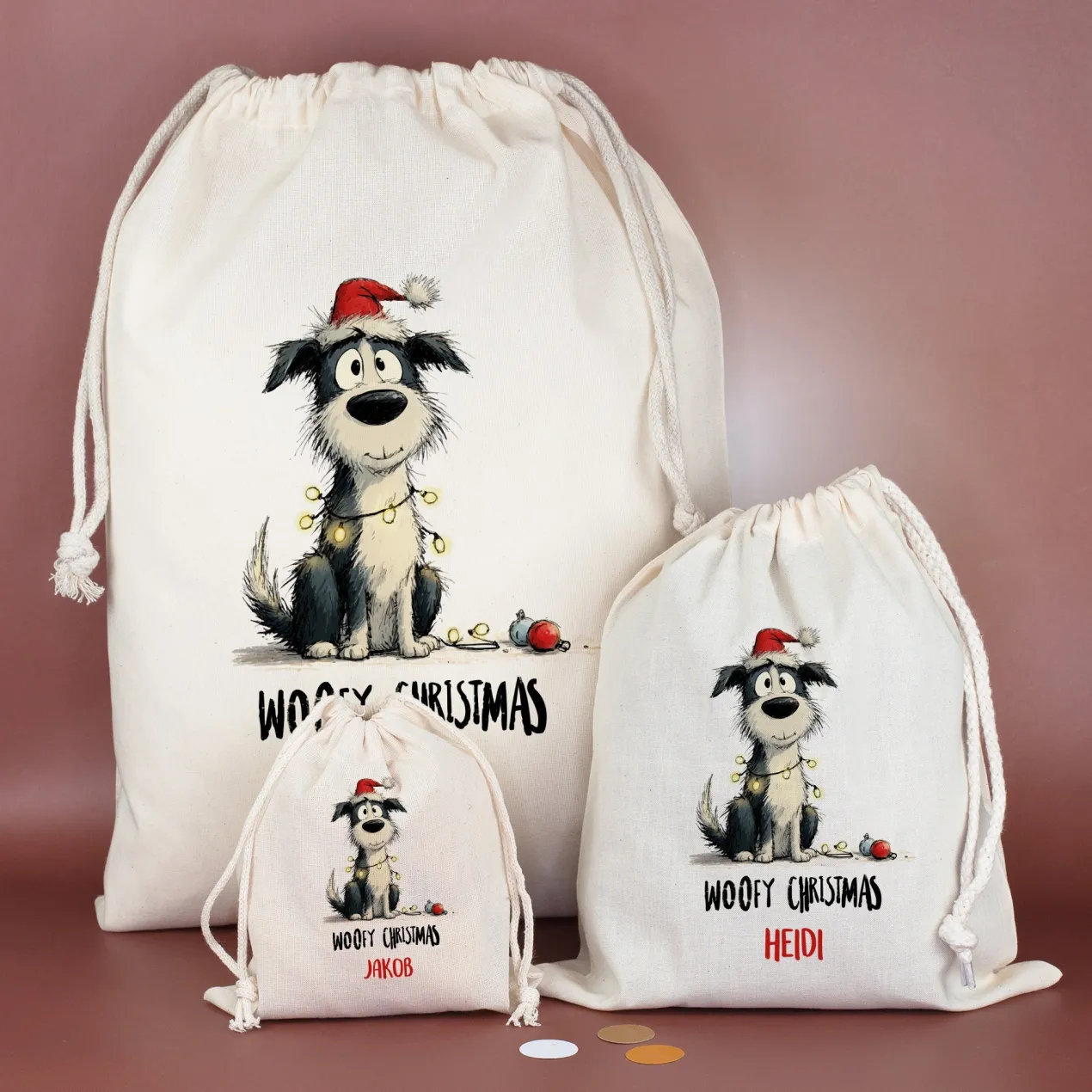 Personalisierter Geschenksack zu Weihnachten mit Name | 3 Größen | Hunde-Motiv